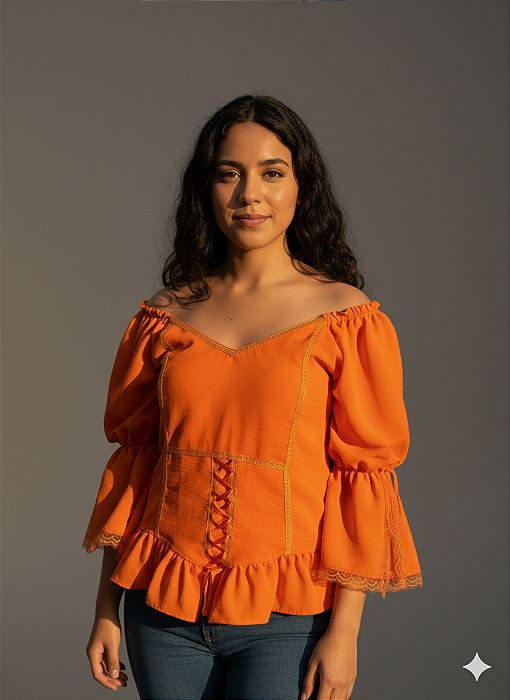 Blusa Estilo Ciganinha com Manga 3/4 Moda Cigana Laranja