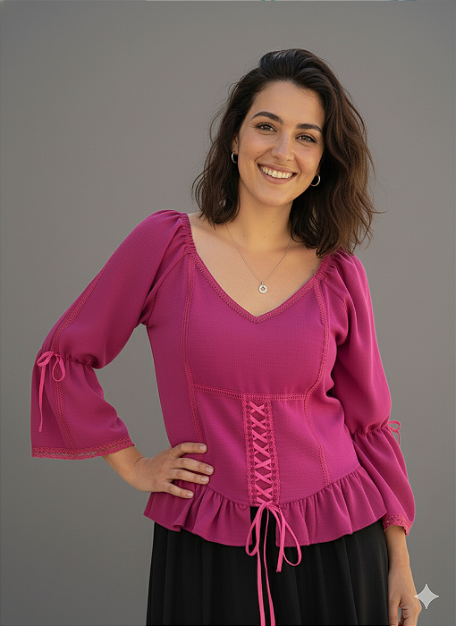 Blusa Estilo Ciganinha com Manga 3/4 Moda Cigana Rosa