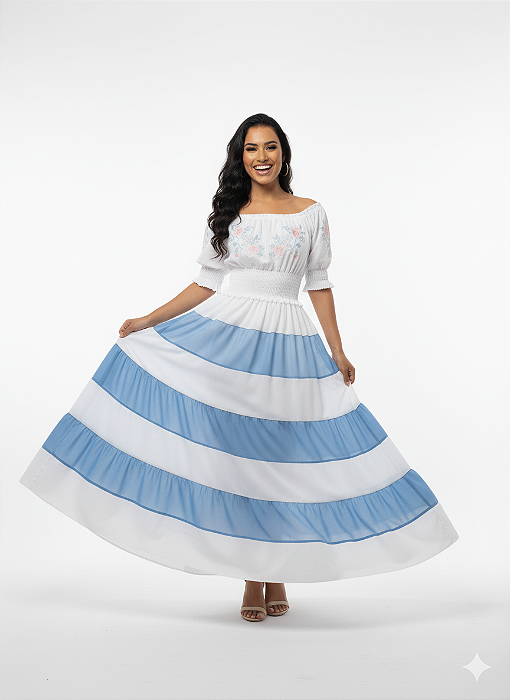 Saia Longa Branca e Azul Estilo Cigana Umbanda Candomble