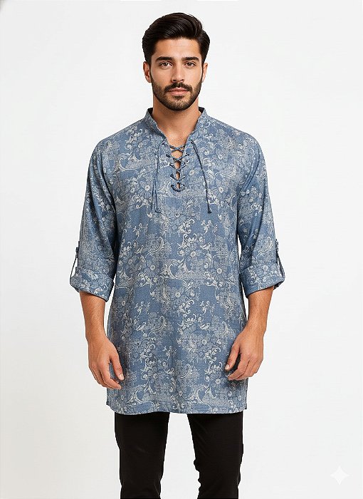 Bata Camisa Masculina Indiana Estampada Moda Boho Azul
