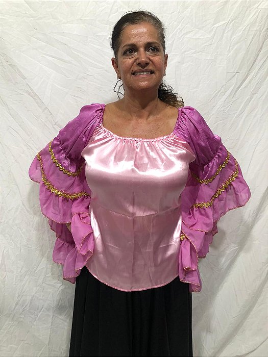 Blusa Estilo Ciganinha com Manga Longa Moda Cigana Rosa