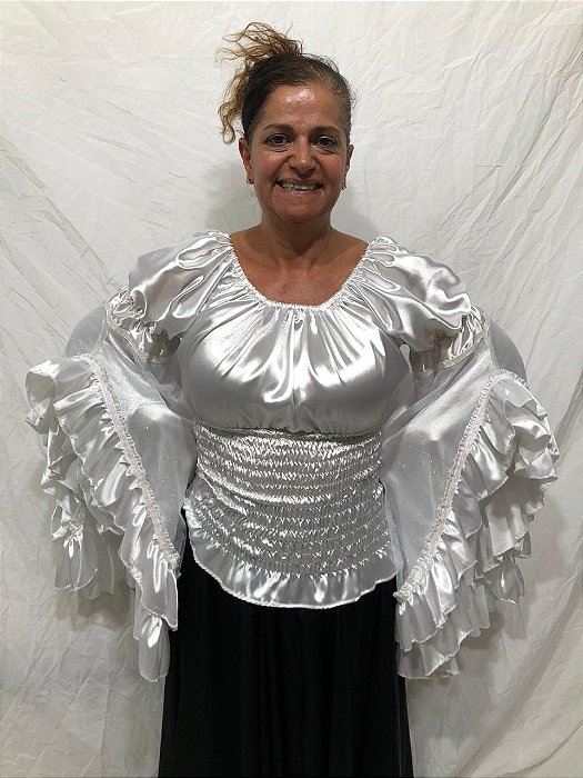 Blusa Estilo Ciganinha com Manga Longa Moda Cigana Branca