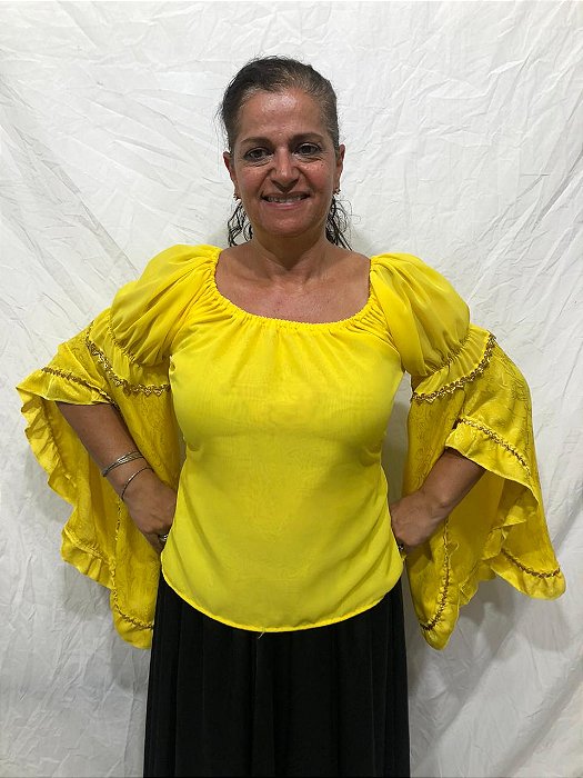 Blusa Estilo Ciganinha com Manga Longa Moda Cigana Amarelo