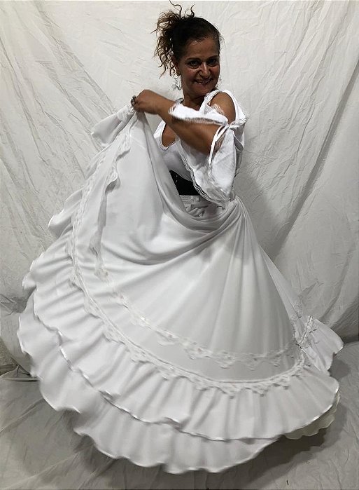 Saia Longa Cigana Modelo Branca 1 Babado com 14 metros de roda