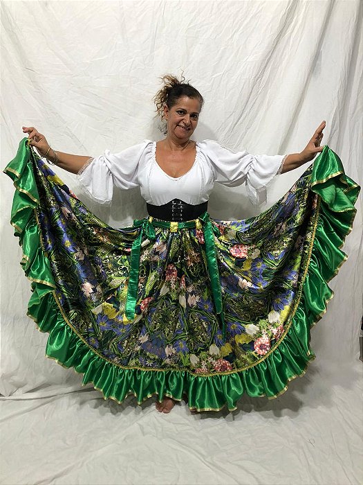 Saia Longa Cigana Modelo Verde Floral 1 Babado com 12 metros de roda