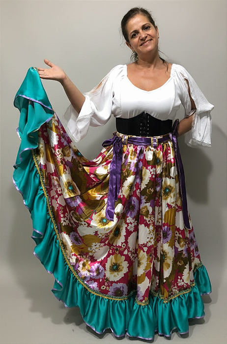 Saia Longa Cigana Modelo 1 Babado com 12 metros de roda Verde