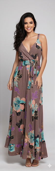 Vestido Longo Estampado Modelo Luxo Moda Indiana