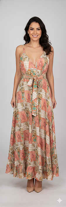 Vestido Longo Estampado Modelo Luxo Moda Indiana