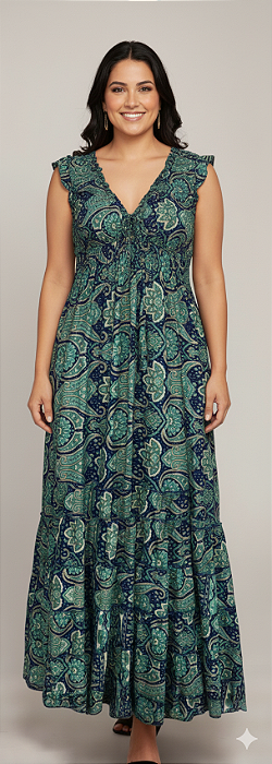 Vestido Longo Moda Indiana Boho Chic Modelo Luxo Estampado