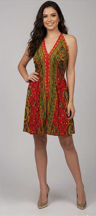 Vestido Curto Modelo Decote V nas Costas Moda Luxo Estilo Indiana