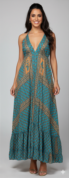 Vestido Longo Modelo Decote V nas Costas Moda Luxo Estilo Indiana