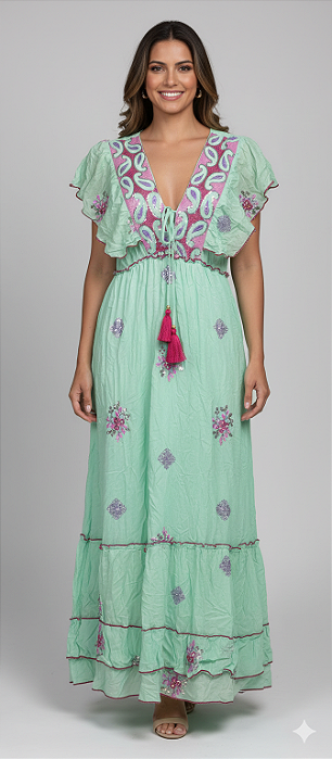 Vestido Longo Modelo Luxo Bordado Moda Indiana