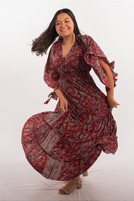 Vestido Longo Modelo Luxo Estampado Moda Indiana
