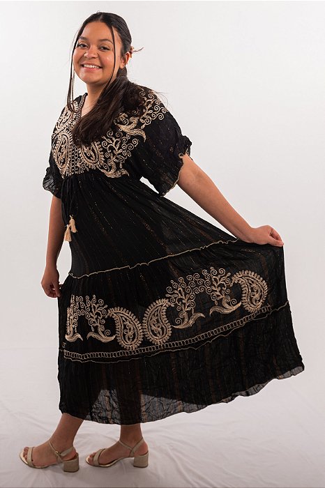Vestido Midi Modelo Luxo Bordado Moda Indiana