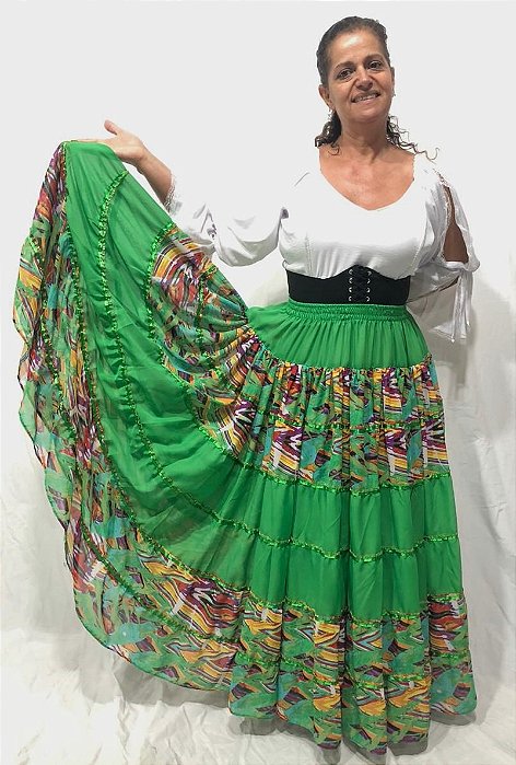 Saia Longa Cigana Modelo Patchwork com 12 metros de roda Verde