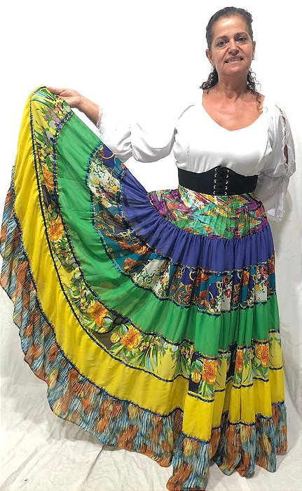 Saia Longa Cigana Modelo Patchwork com 12 metros de roda Verde