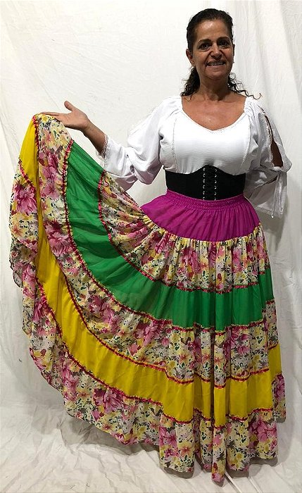 Saia Longa Cigana Modelo Patchwork com 12 metros de roda Verde