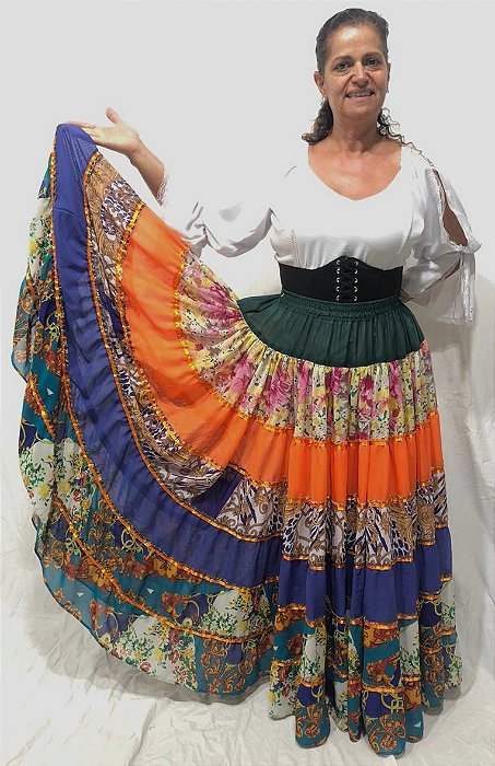 Saia Longa Cigana Modelo Patchwork com 12 metros de roda Laranja