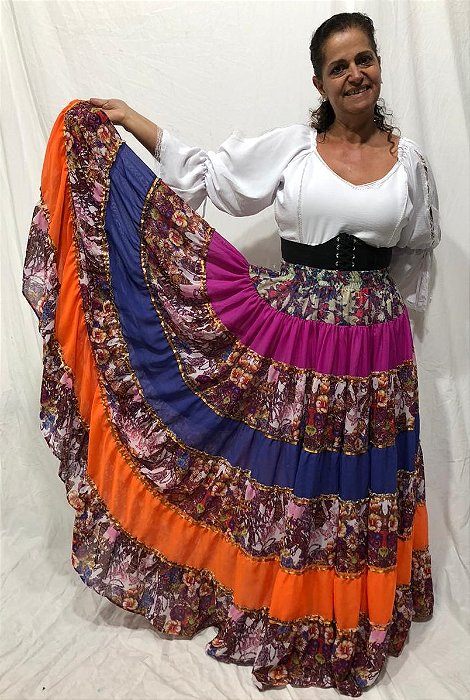 Saia Longa Cigana Modelo Patchwork com 12 metros de roda Laranja