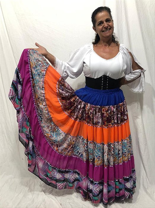 Saia Longa Cigana Modelo Patchwork com 12 metros de roda Laranja