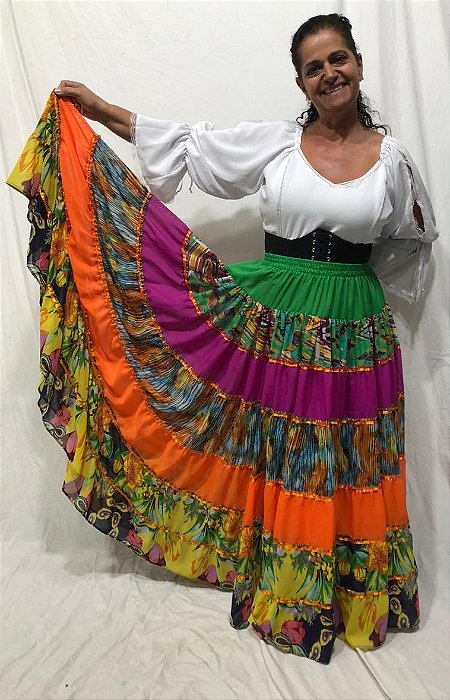 Saia Longa Cigana Modelo Patchwork com 12 metros de roda Laranja