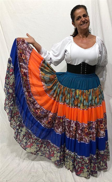 Saia Longa Cigana Modelo Patchwork com 12 metros de roda Laranja