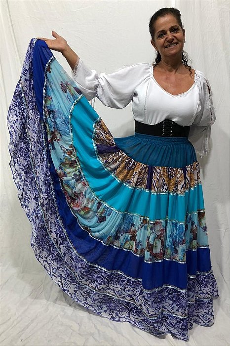 Saia Longa Cigana Modelo Patchwork com 12 metros de roda Azul