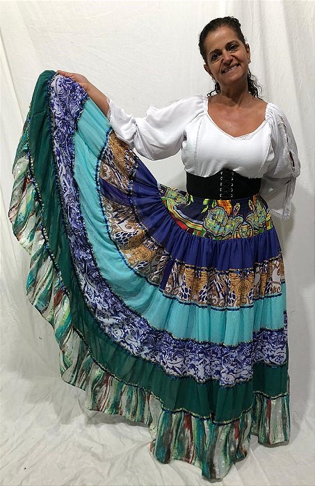 Saia Longa Cigana Modelo Patchwork com 12 metros de roda Azul