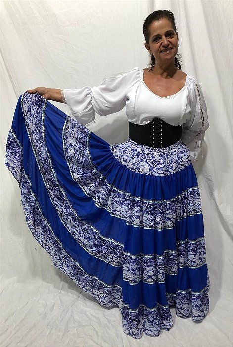 Saia Longa Cigana Modelo Patchwork com 12 metros de roda Azul