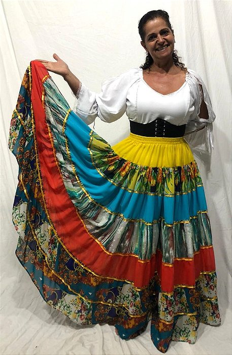 Saia Longa Cigana Modelo Patchwork com 12 metros de roda Amarelo