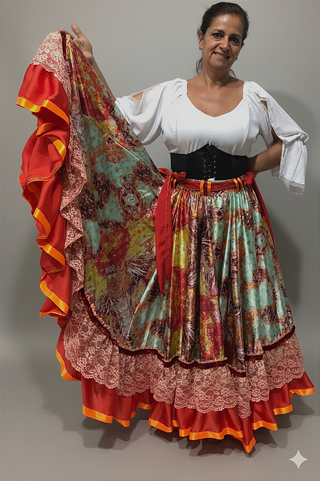 Saia Longa Cigana Modelo 2 Babados com 14 metros de roda