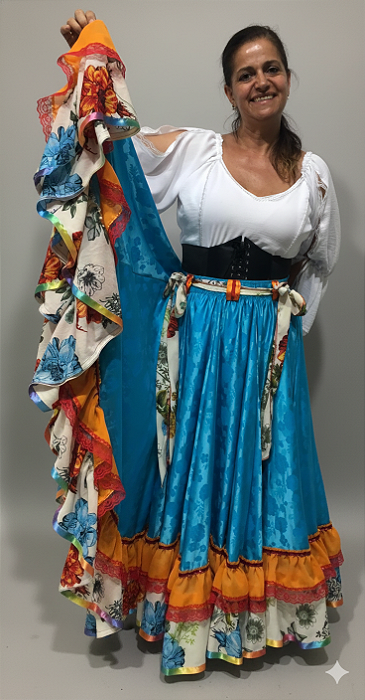 Saia Longa Cigana Modelo 2 Babados com 14 metros de roda