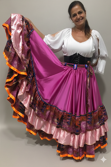 Saia Longa Cigana Modelo 3 Babados com 14 metros de roda