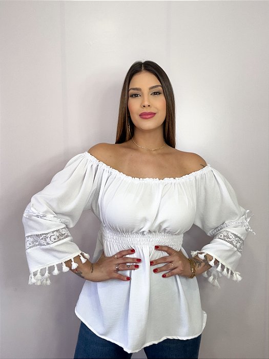 Blusa Modelo Ciganinha Ombro a Ombro Moda Luxo Branca