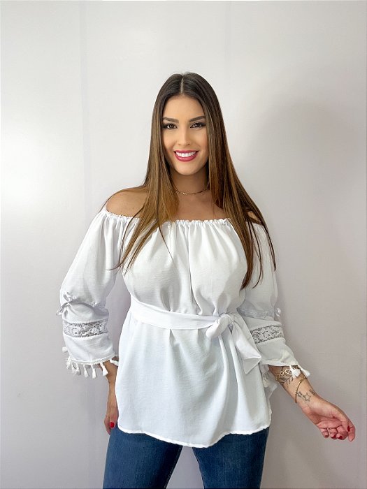 Blusa Modelo Ciganinha Ombro a Ombro Moda Luxo Branca