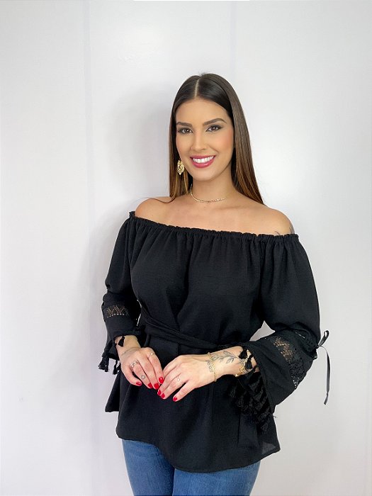 Blusa Modelo Ciganinha Ombro a Ombro Moda Luxo Preto