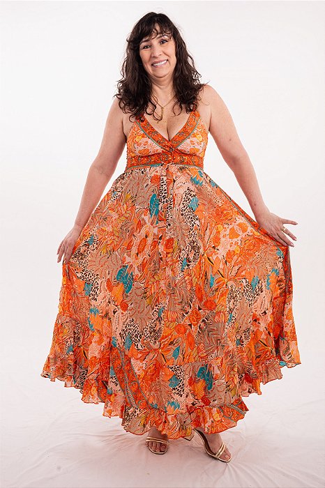 Vestido Longo Estampado Modelo Luxo Moda Indiana
