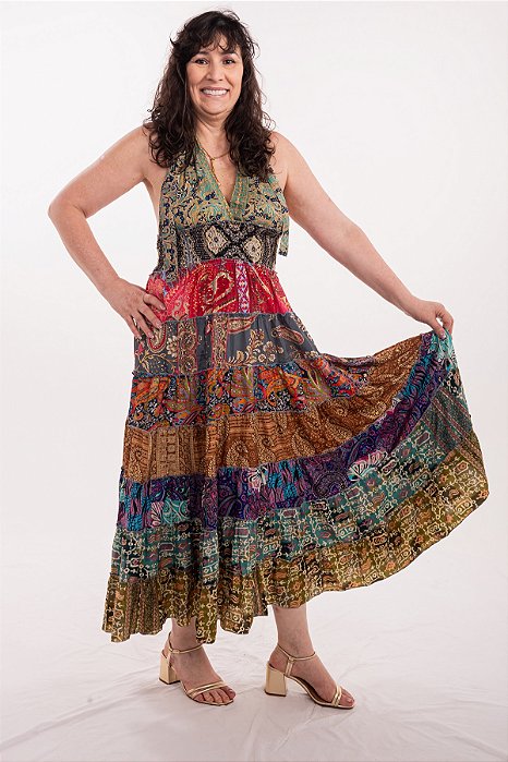 Vestido Longo Modelo Decote nas Costas Moda Luxo Estilo Indiana