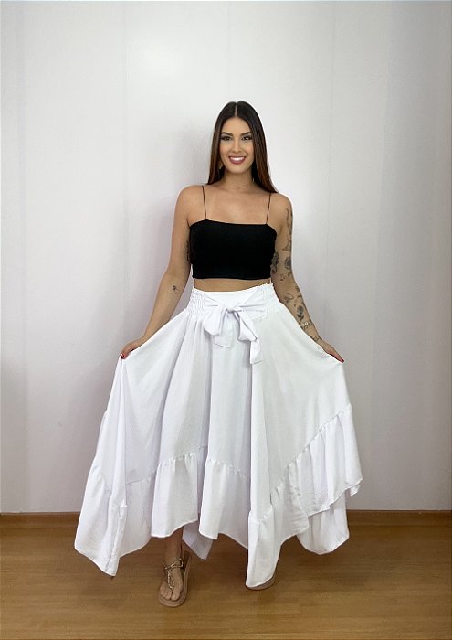 Saia Longa Estilo Boho Chic Modelo Pontas Moda Luxo Branca