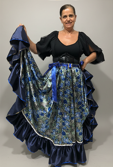 Saia Longa Cigana Modelo 1 Babado com 12 metros de roda Azul