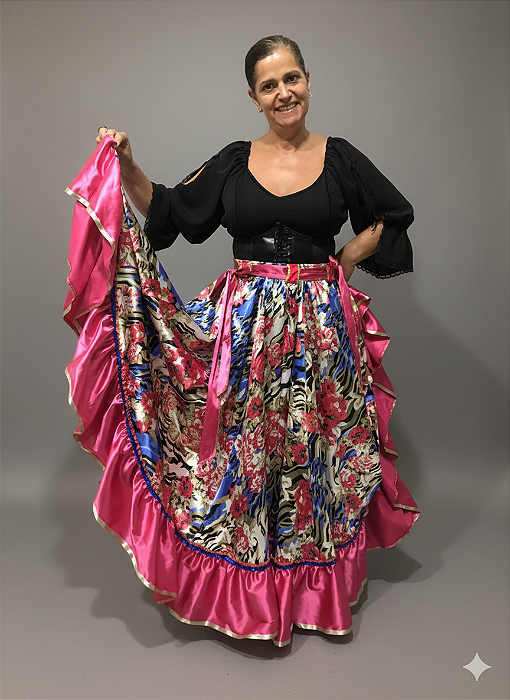 Saia Longa Cigana Modelo 1 Babado com 12 metros de roda Rosa