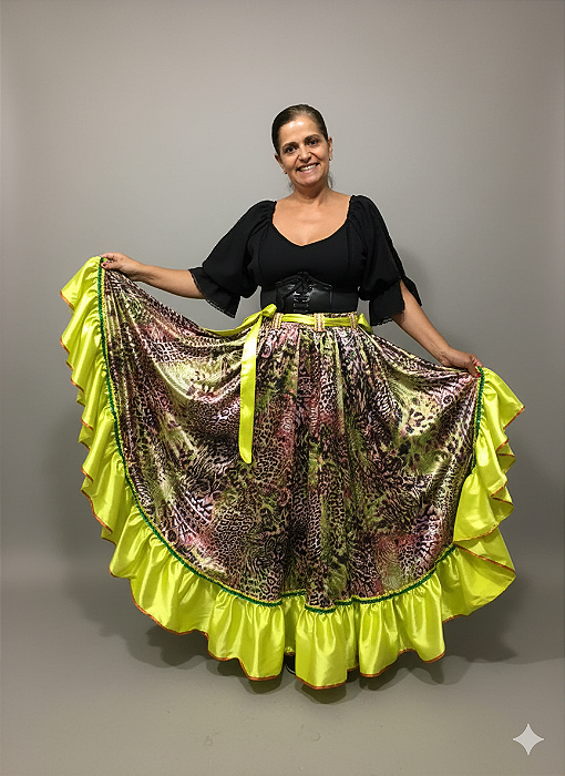 Saia Longa Cigana Modelo 1 Babado com 12 metros de roda Verde Limão