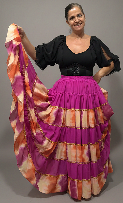 Saia Longa Cigana Modelo Patchwork com 12 metros de roda Rosa