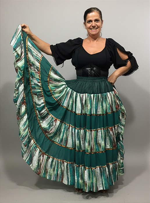 Saia Longa Cigana Modelo Patchwork com 12 metros de roda Verde