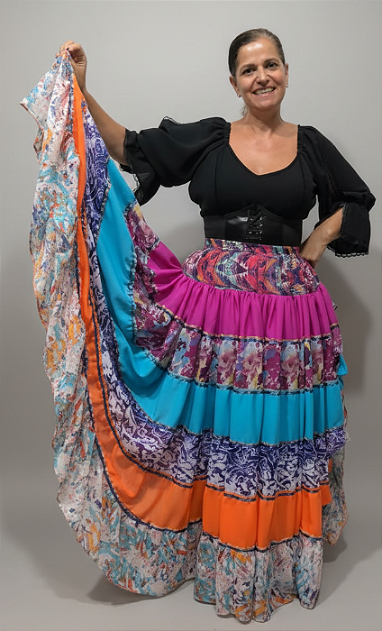 Saia Longa Cigana Modelo Patchwork com 12 metros de roda Laranja