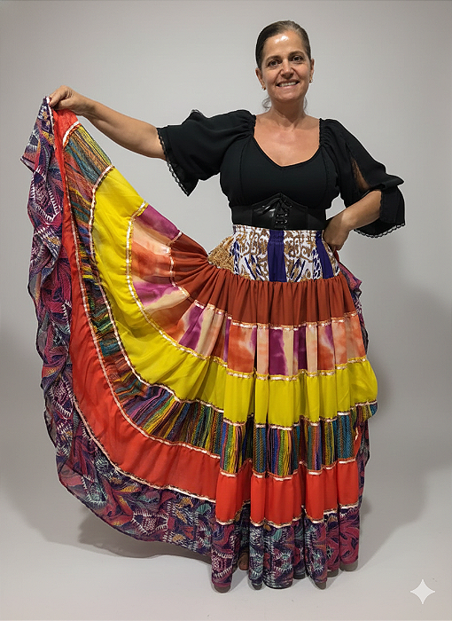 Saia Longa Cigana Modelo Patchwork com 12 metros de roda Amarelo