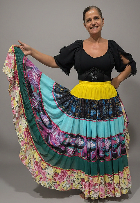 Saia Longa Cigana Modelo Patchwork com 12 metros de roda Amarelo