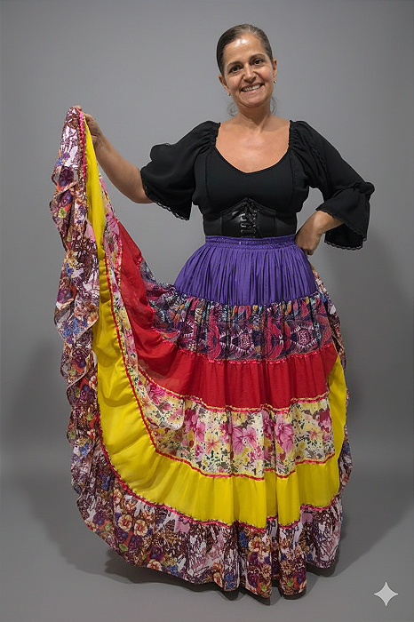 Saia Longa Cigana Modelo Patchwork com 12 metros de roda Vermelho