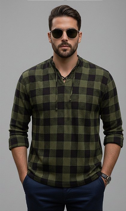 Bata Masculina Indiana Xadrez Moda Boho Verde Musgo