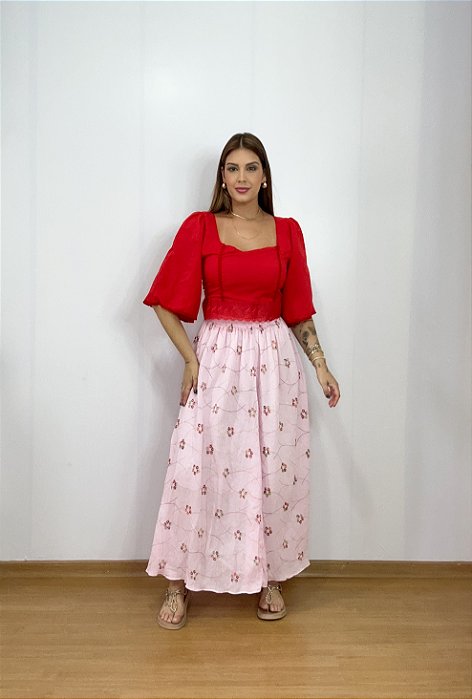 Saia Dança Carimbó Boho Chic Rosa Cigana Com Forro